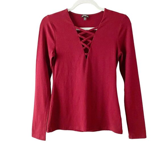 Express Tops - Express Burgundy Crossed Lace V Neck Long Sleeve Top S